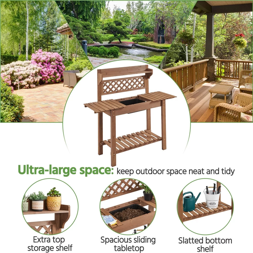 Wooden Potting Bench with Sliding Tabletop X660