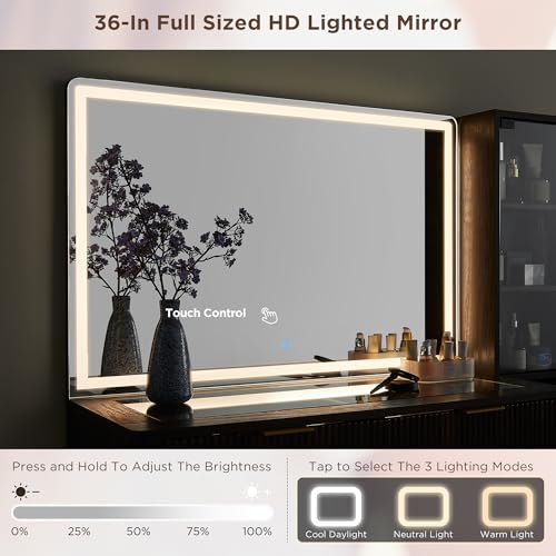 48" Glass Top Vanity Desk with Lighted Mirror and 5 Drawers I7512