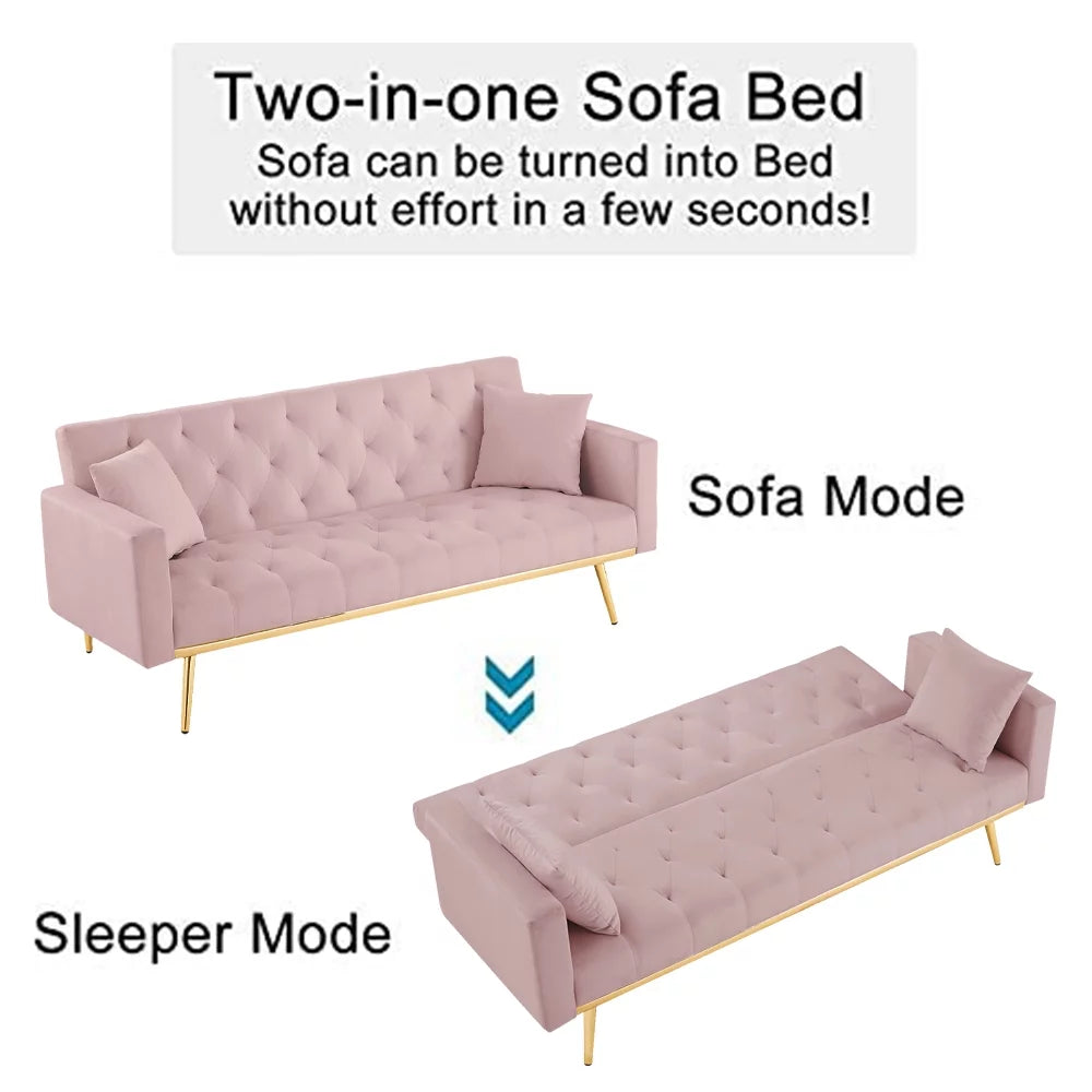 Pink Velvet Convertible Sofa Bed with 2 Pillows V641