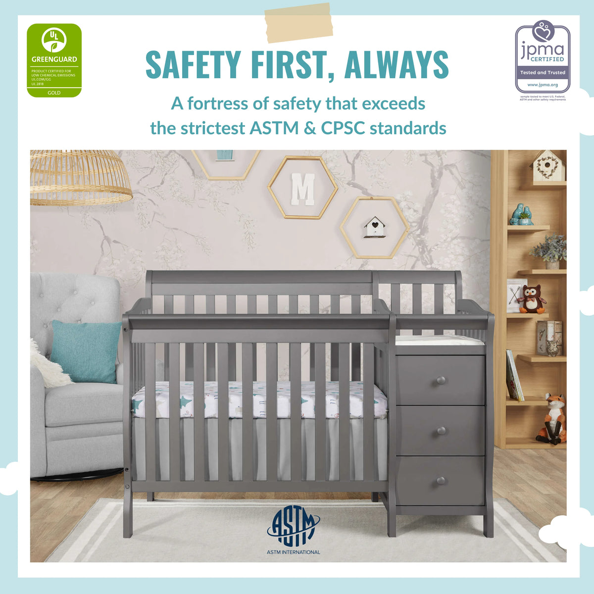 Storm Grey 4-in-1 Convertible Mini Crib and Changer B95615