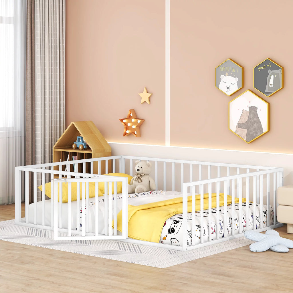 Queen Size Metal Floor Bed Frame with Fence and Door E40510
