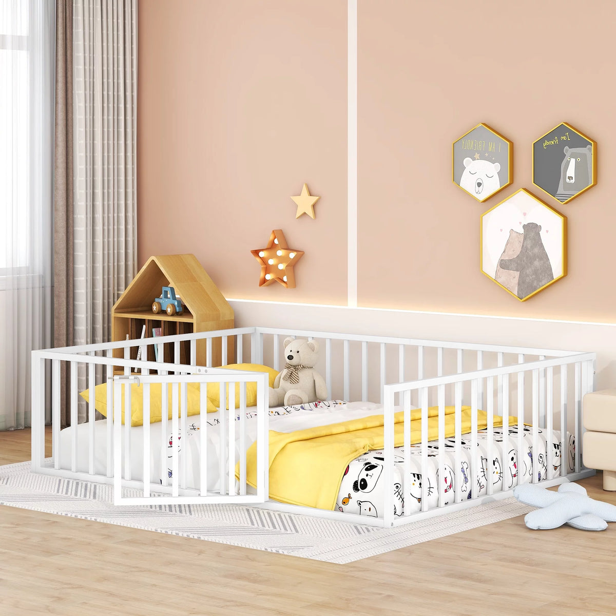 Queen Size Metal Floor Bed Frame with Fence and Door E40510