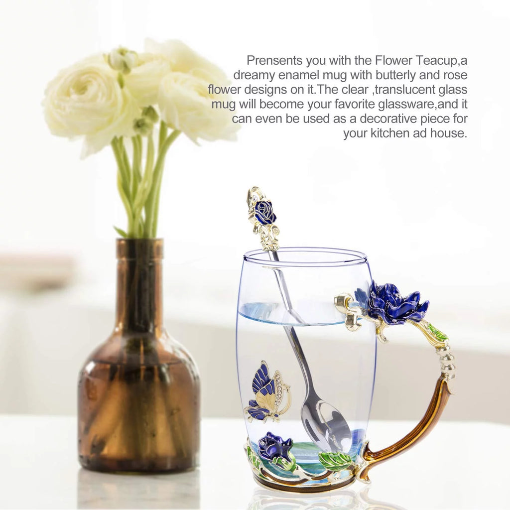 Blue Glass Tea Cup with Lid Coaster Spoon 18oz M1692