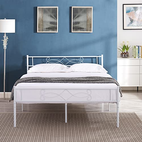 14" Full Size White Metal Platform Bed Frame with Headboard K667