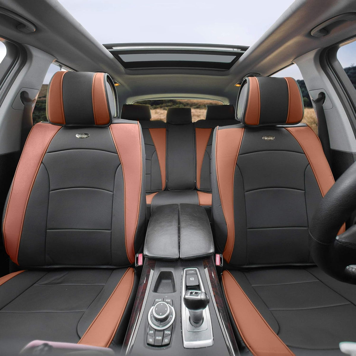 Faux Leather Full Set Car Seat Covers Blue/Black E73075