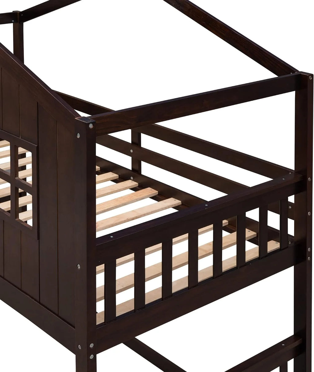 Espresso Wood House Bed with Ladder and Guard Rail Y218