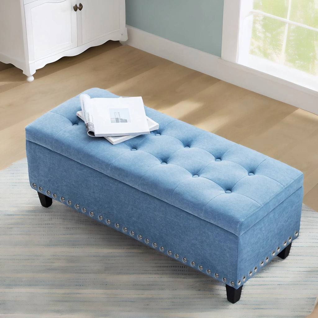 Light Blue Linen Fabric Storage Ottoman Bench K48172