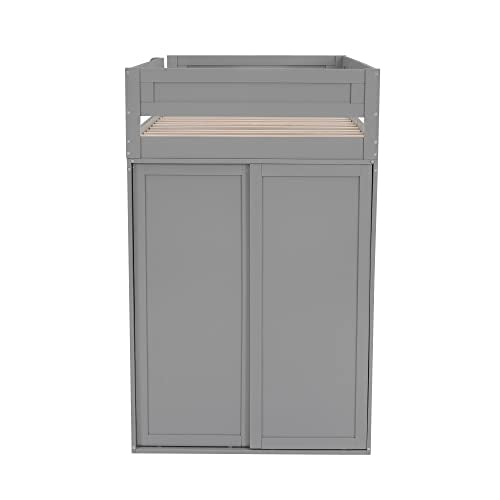 Full Size Gray Solid Wood Loft Bed with Wardrobe Desk and Shelves K204