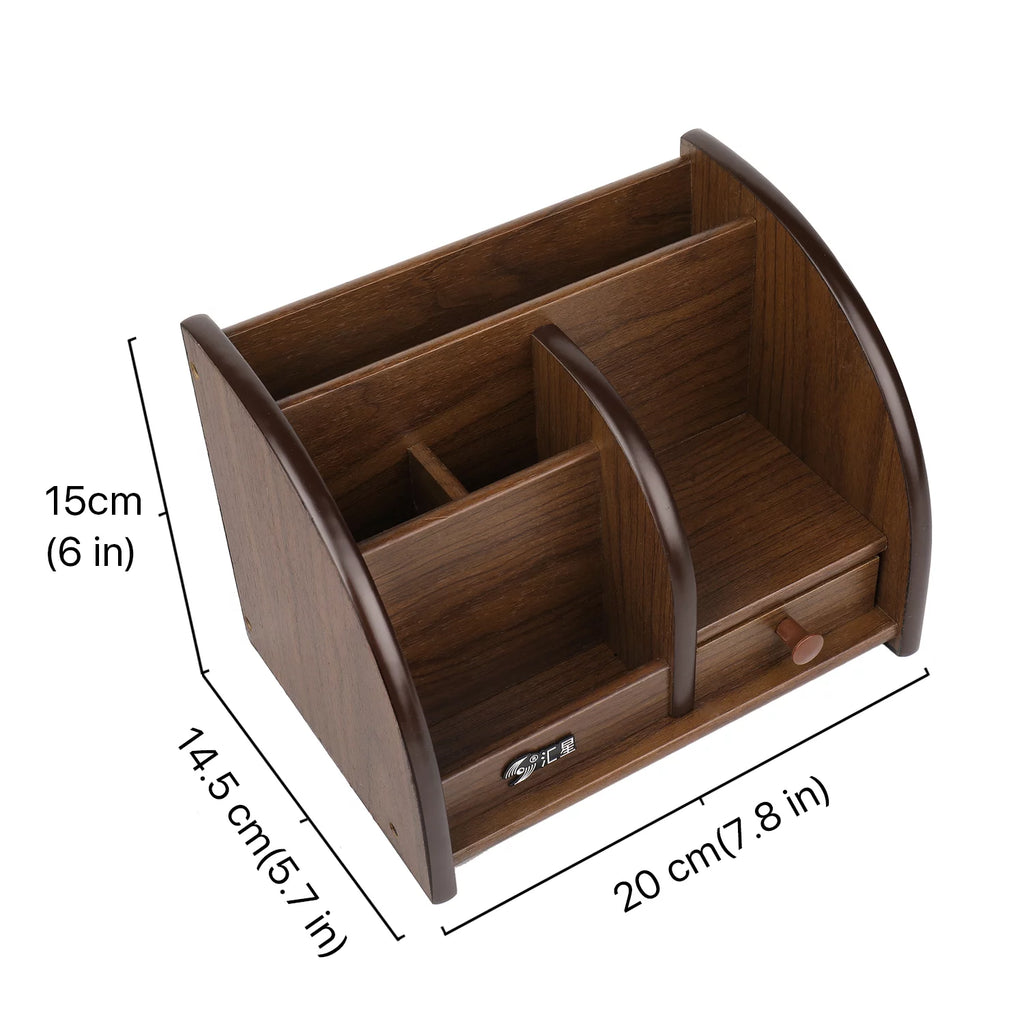 Wooden Remote Control Holder Caddy Desktop Organizer with Drawers Cherry Brown Q87299