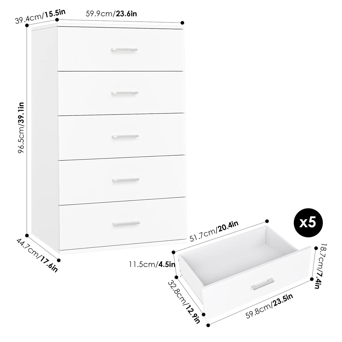 White 5 Drawer Wood Dresser X8936