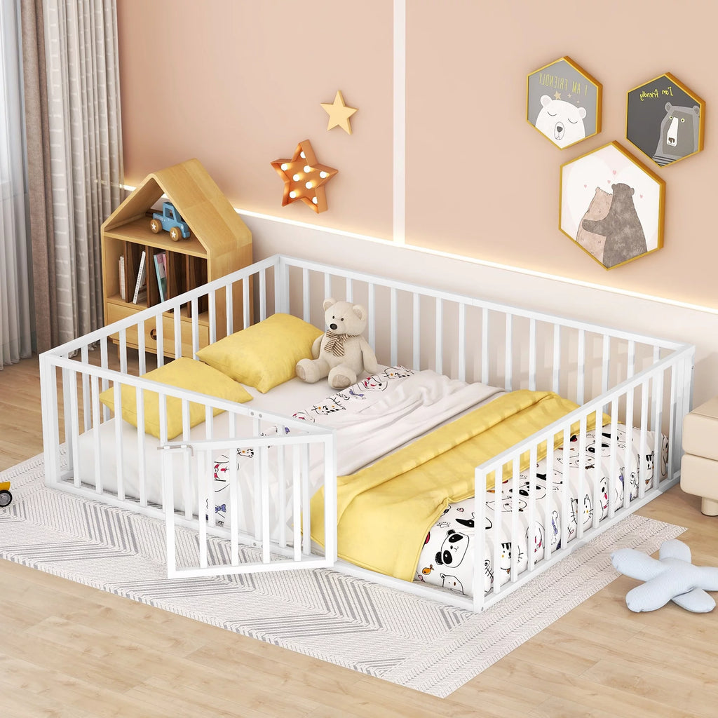 Queen Size Metal Floor Bed Frame with Fence and Door E40510
