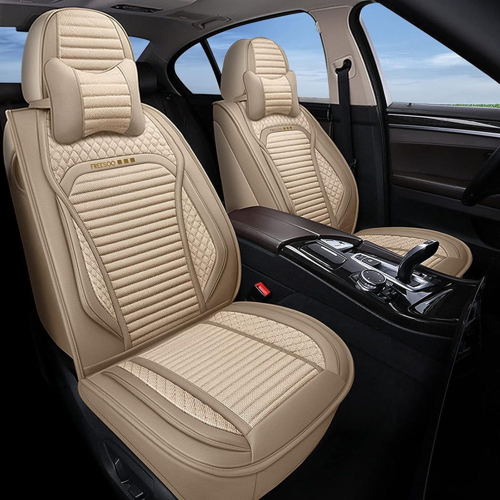 Beige Leather Linen Full Set Car Seat Covers C15451