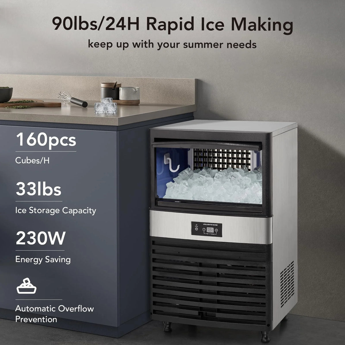 Commercial Stainless Steel Ice Maker Machine with 33lbs Ice Storage T633962