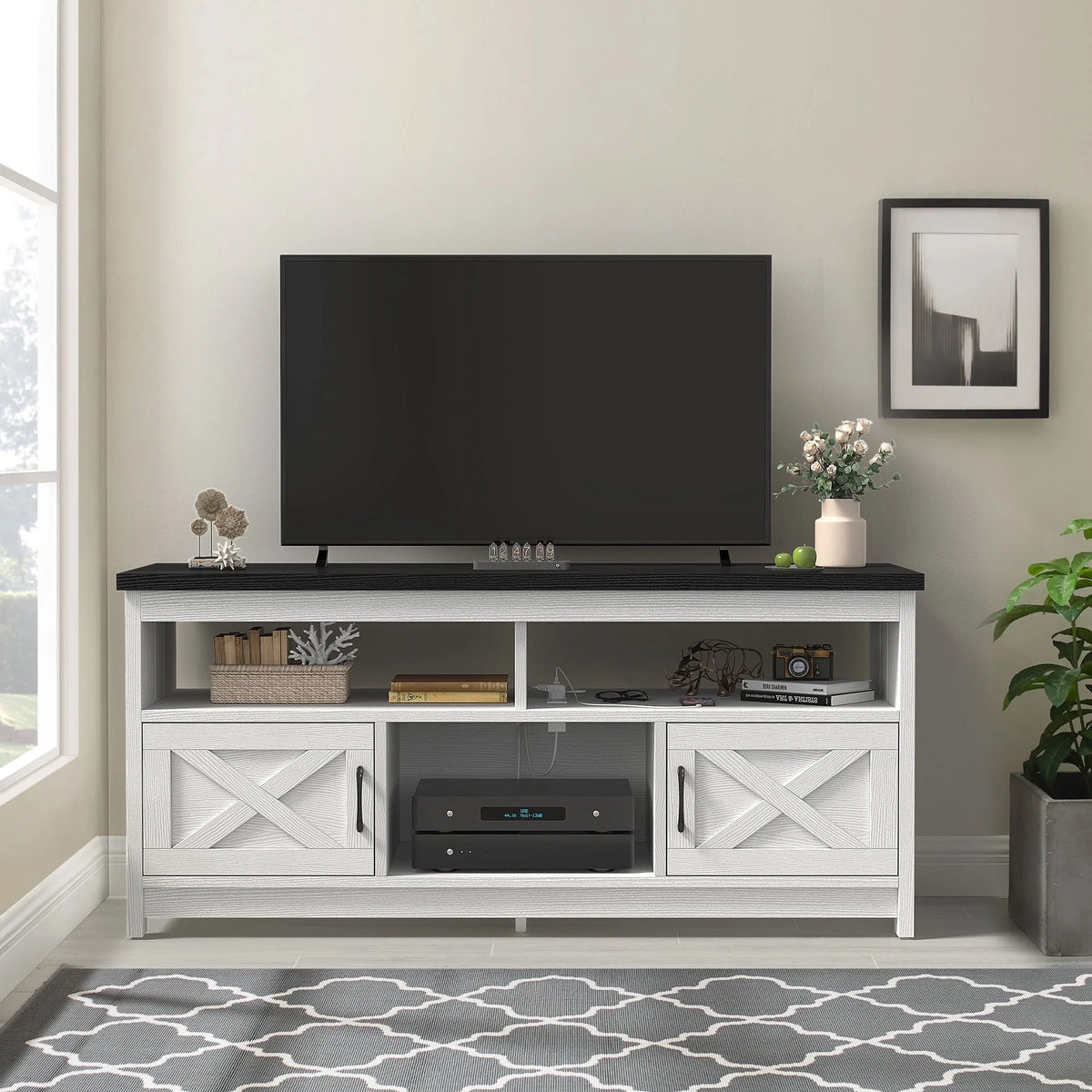 Farmhouse TV Stand up to 65 inch with Power Outlet, Grey Wash G83721