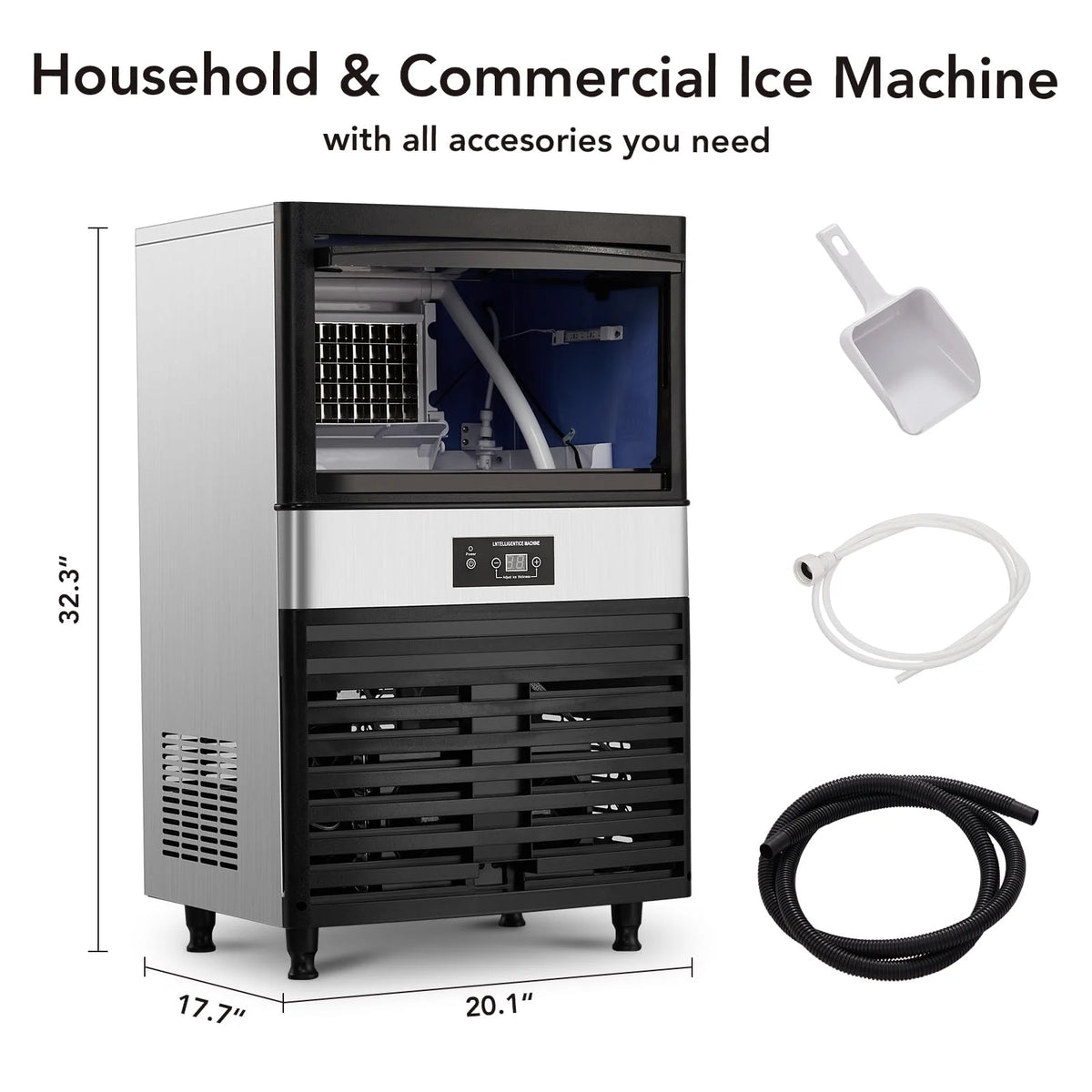 Commercial Stainless Steel Ice Maker Machine with 33lbs Ice Storage T633962