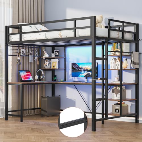 Twin Size Black Metal Loft Bed with Desk and Storage Shelves D52000