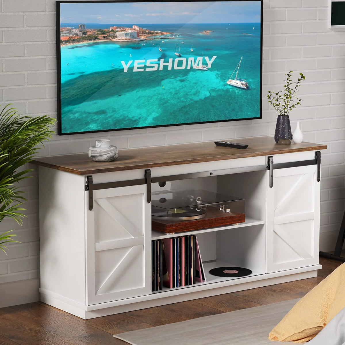 White 58 Inch TV Stand with Sliding Barn Doors W323