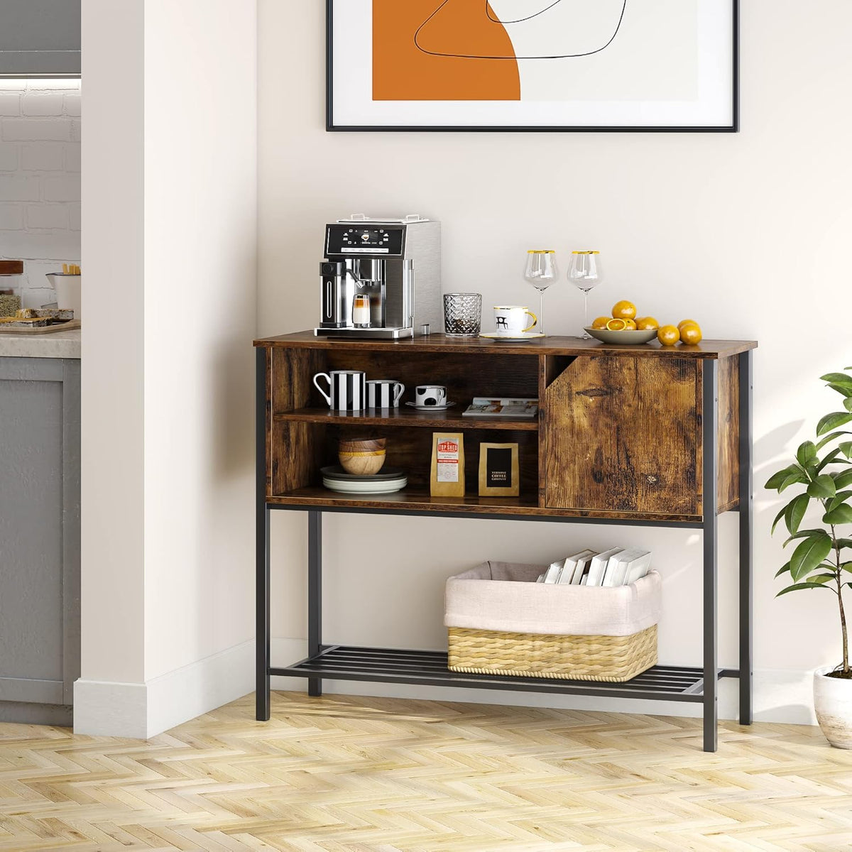 Rustic Brown Kitchen Sideboard with Adjustable Shelves Q8570