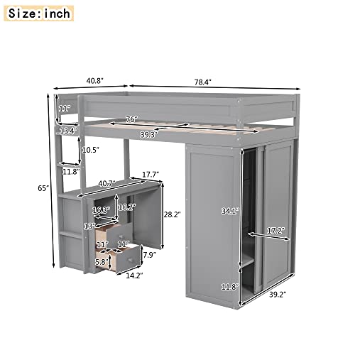 Full Size Gray Solid Wood Loft Bed with Wardrobe Desk and Shelves K204