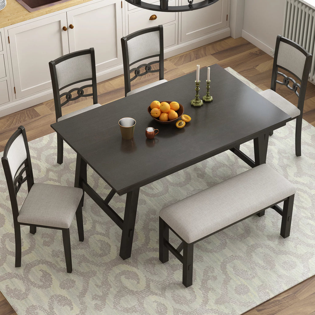 6 Piece Espresso Wooden Dining Table Set with Bench and 4 Upholstered Chairs J5725