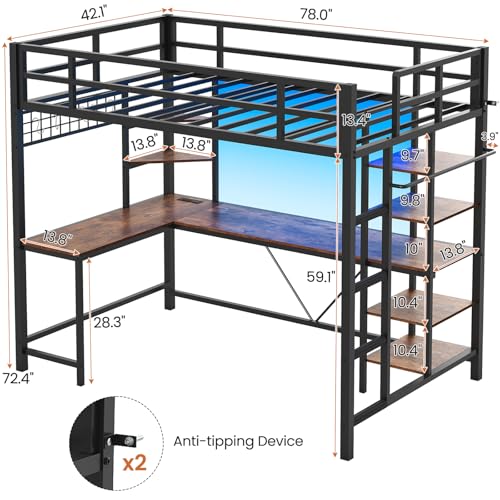 Twin Size Black Metal Loft Bed with Desk and Storage Shelves D52000