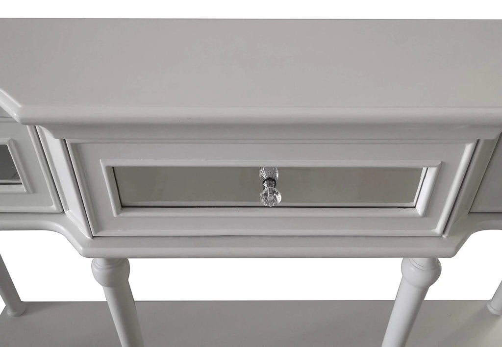 White Console Table with Mirrored Storage Drawers and Lower Shelf W74238