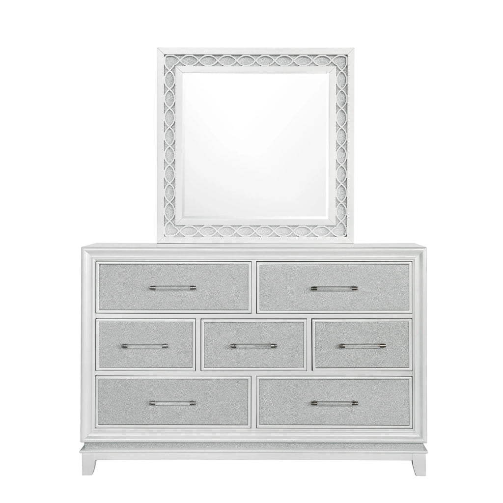 Queen 4-Piece Bedroom Set with LED Lights, Tufted Bed, Dresser, Mirror, and Nightstand in Pearlized White O6467