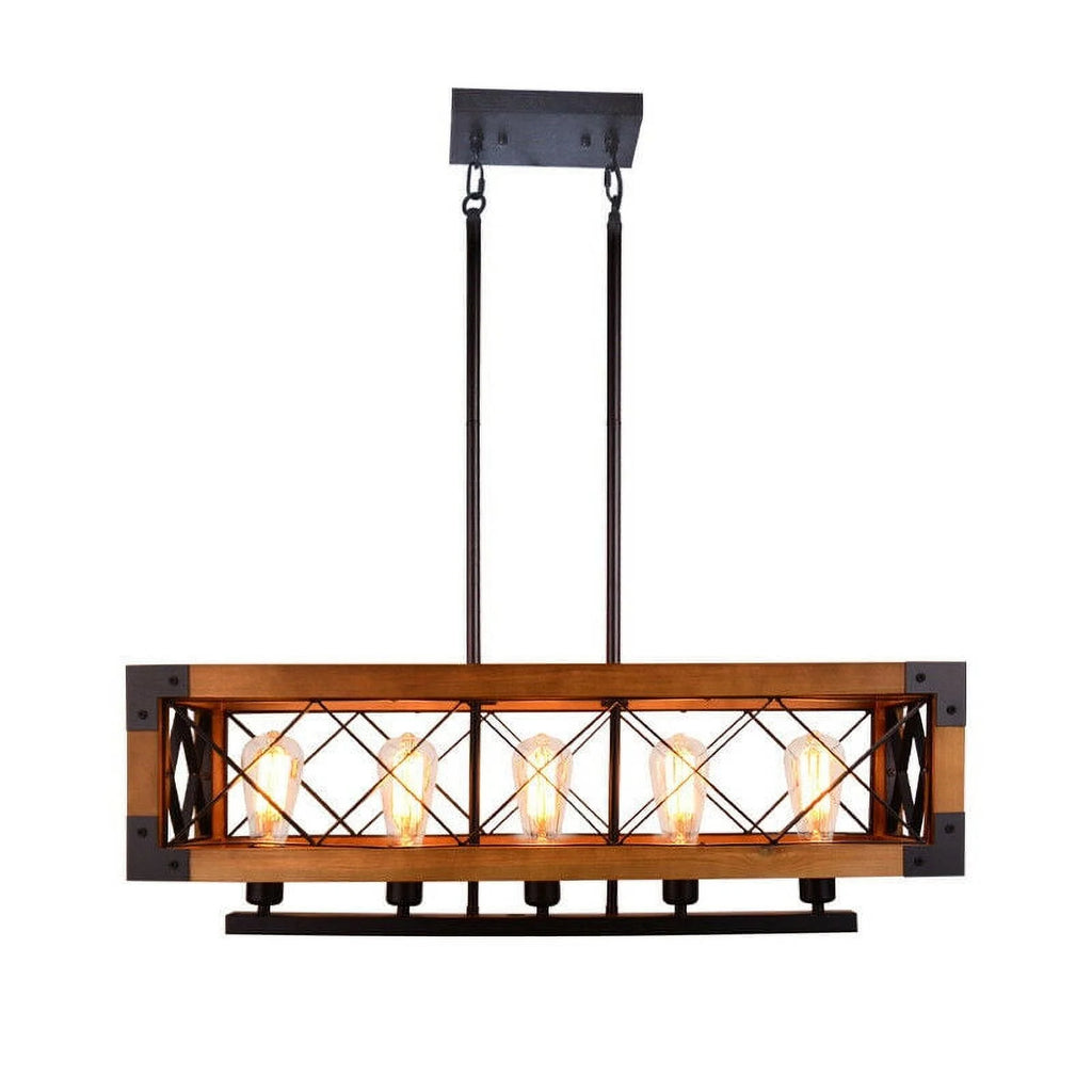 5-Lights Wooden Rectangle Pendant Light Fixture F925380