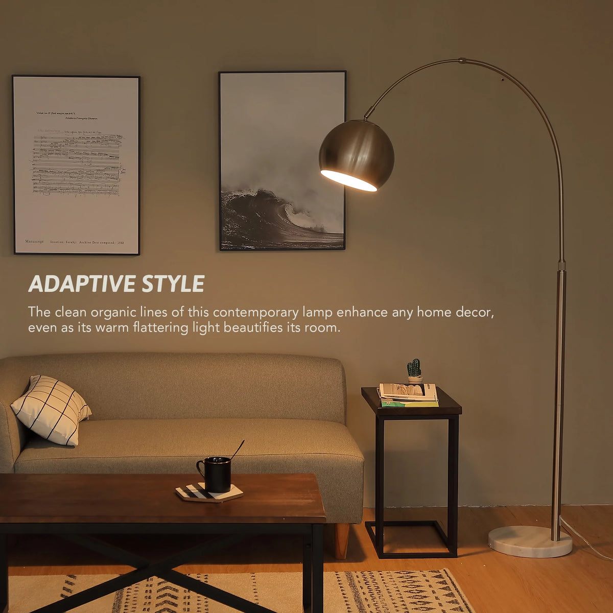 Modern Arc Floor Lamp with Rotatable Hanging Shade, Adjustable Nickel Reading Light with Marble Base, 70 Inch A34823