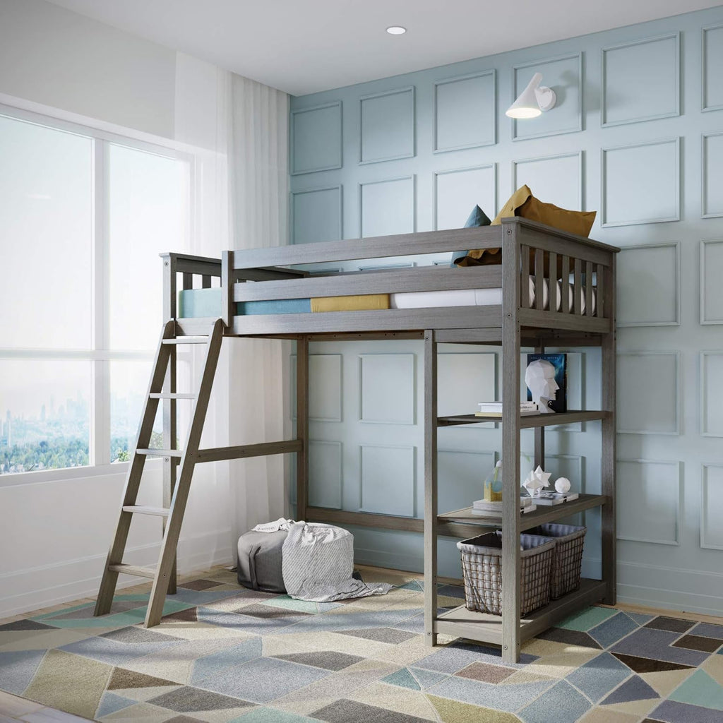 Solid Wood Twin-Size High Loft Bed with Bookcase and Desk Grey V817625
