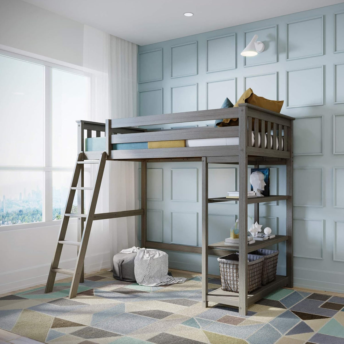 Solid Wood Twin-Size High Loft Bed with Bookcase and Desk Grey V817625
