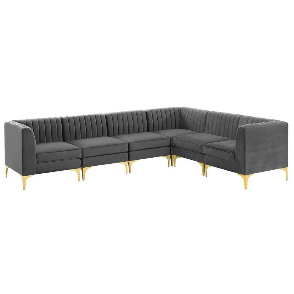 6-Piece Channel Performance Velvet Tufted Sectional Sofa in Gray X668