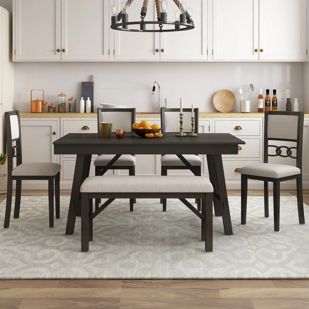 6 Piece Espresso Wooden Dining Table Set with Bench and 4 Upholstered Chairs J5725