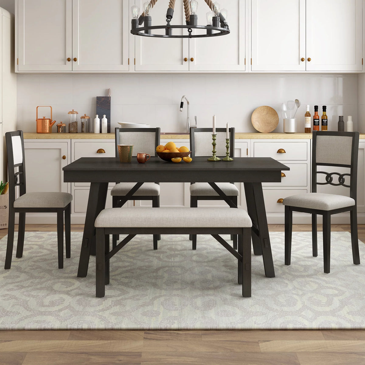 6 Piece Espresso Wooden Dining Table Set with Bench and 4 Upholstered Chairs J5725