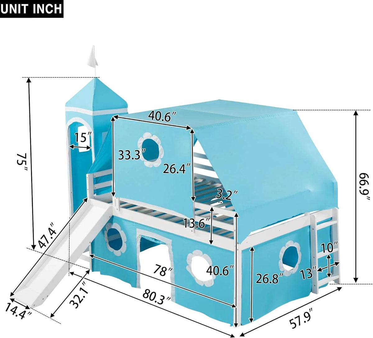 Full Over Full Wood Loft Bed with Slide and Tower O280991