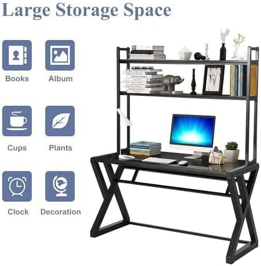White Glass Top Metal Frame Computer Desk with 2 Tiers Shelves V572256