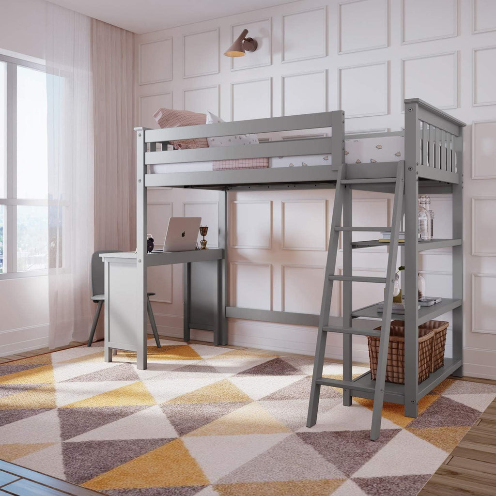 Solid Wood Twin-Size High Loft Bed with Bookcase and Desk Grey V817625