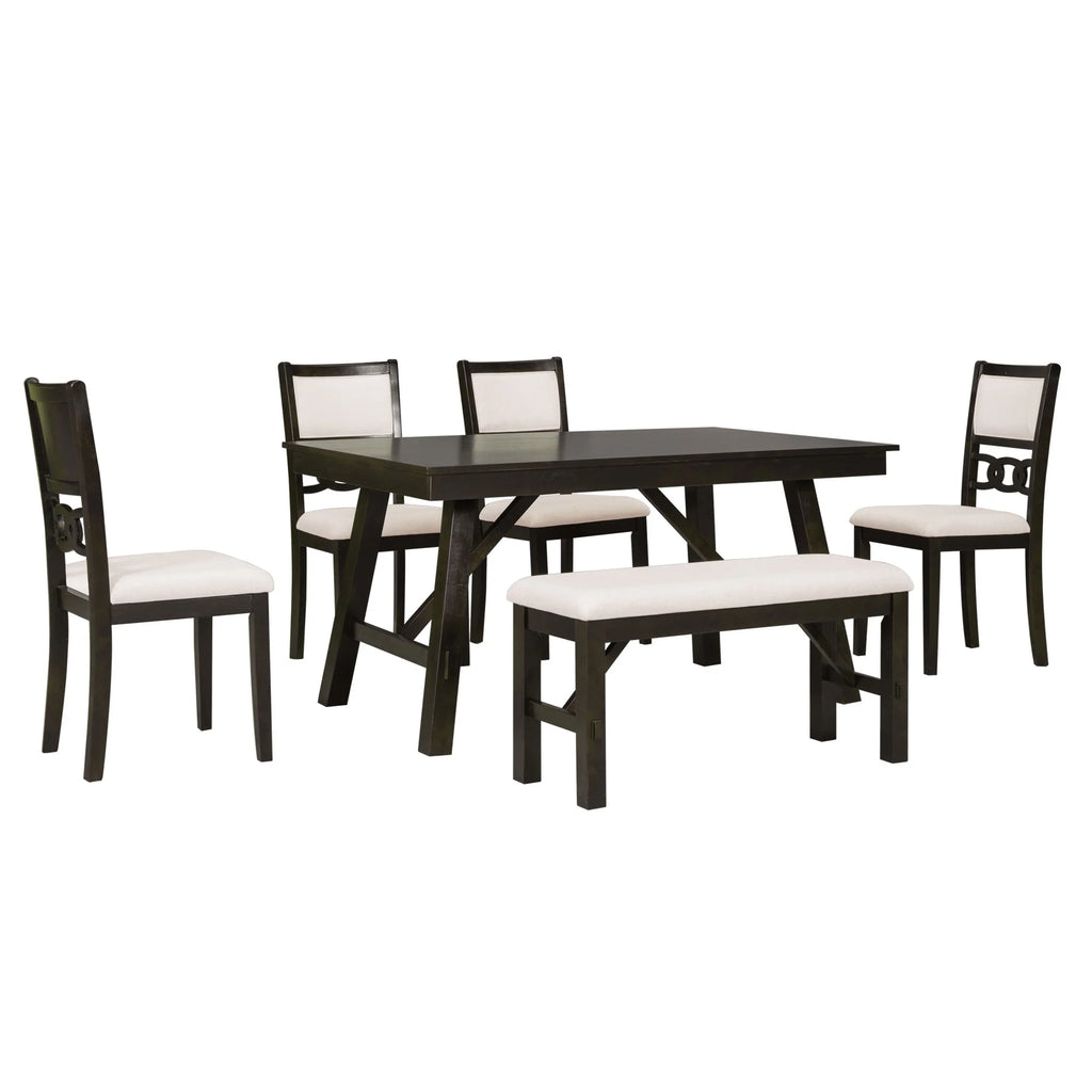 6 Piece Espresso Wooden Dining Table Set with Bench and 4 Upholstered Chairs J5725