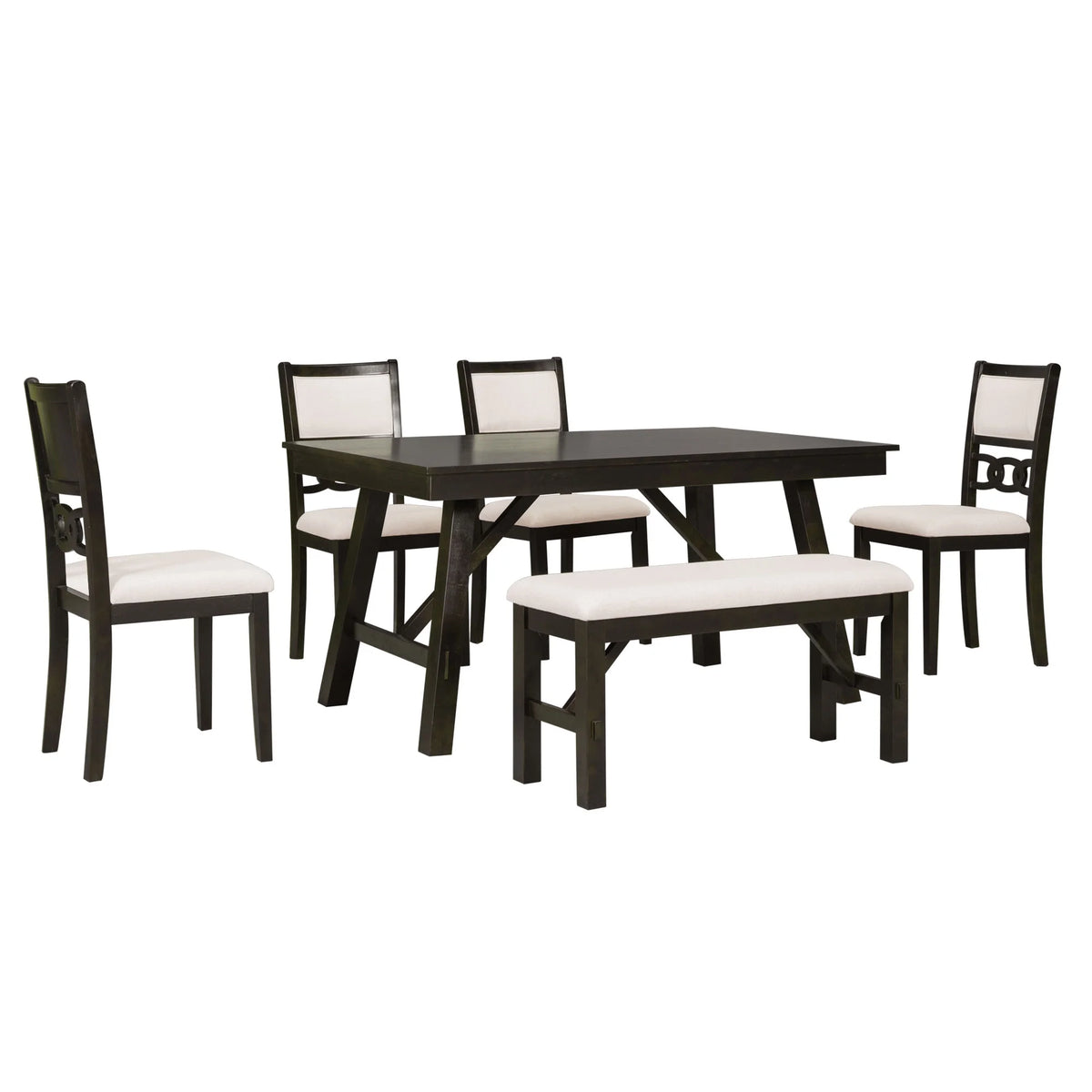 6 Piece Espresso Wooden Dining Table Set with Bench and 4 Upholstered Chairs J5725