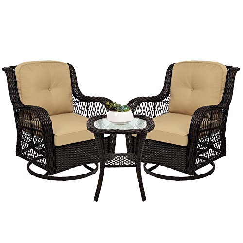 3-Piece Outdoor Wicker Patio Bistro Set with Swivel Rocking Chairs and Side Table Z46266