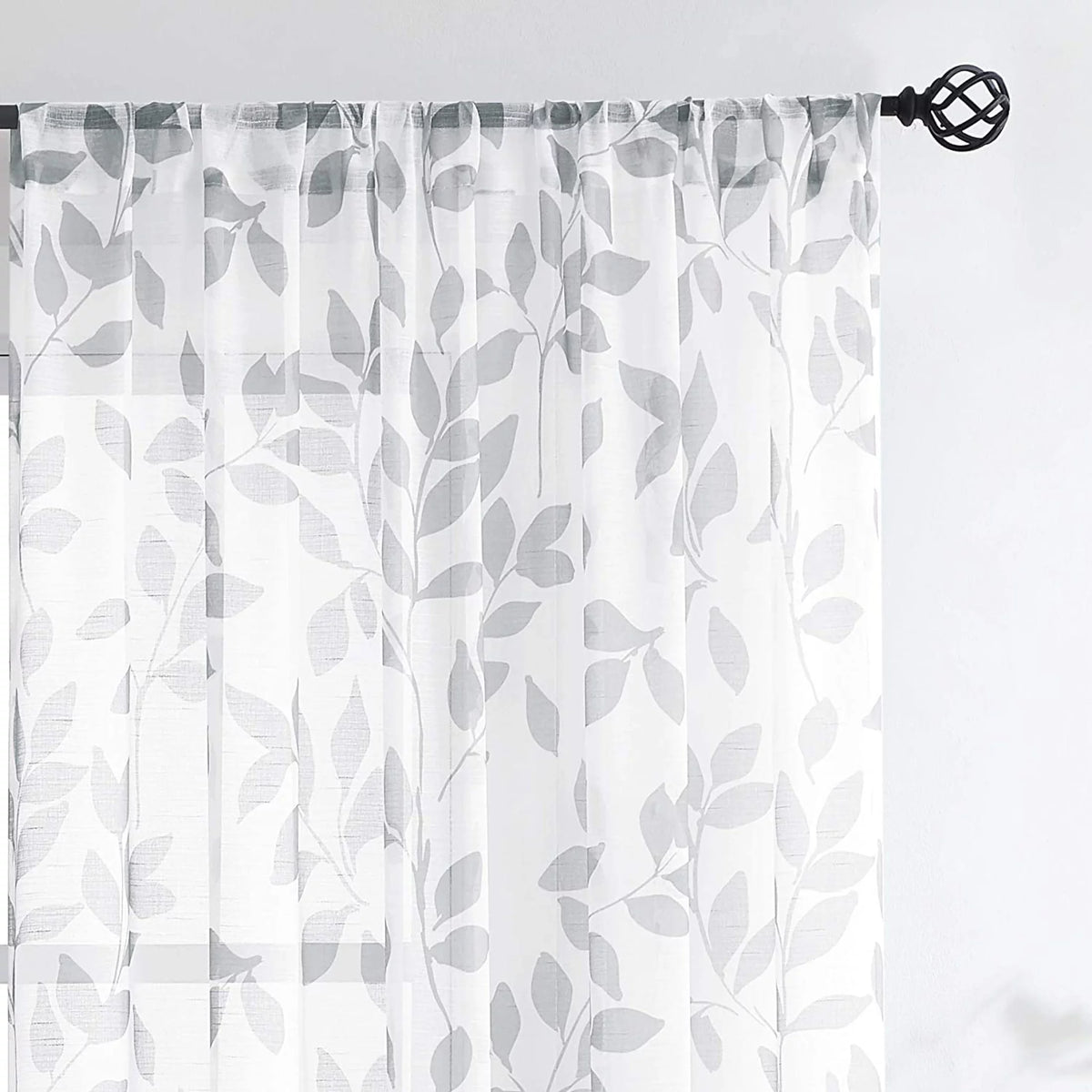 Gray and White Leaf Sheer Curtains 50"W x 95"L 2 Panels J25277