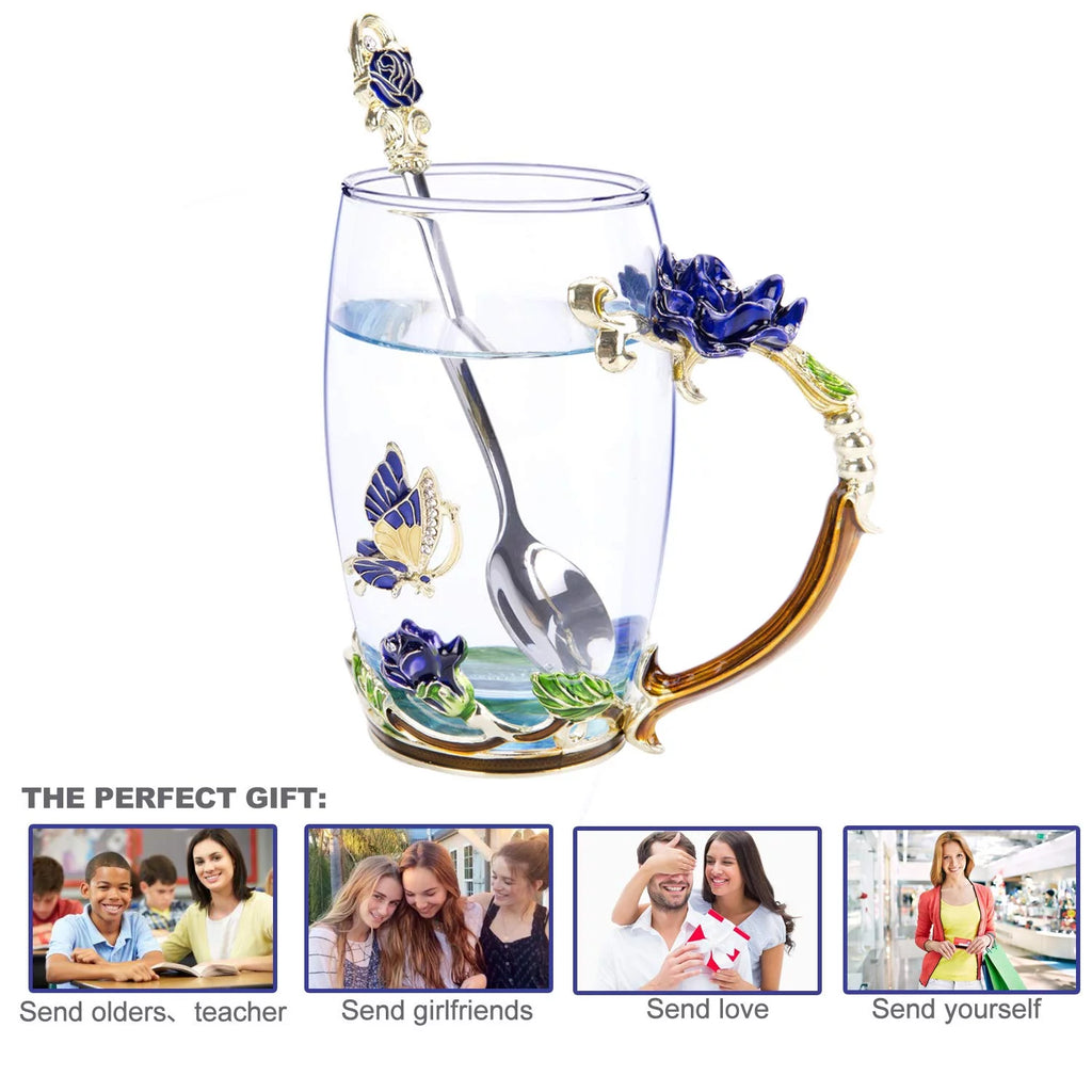 Blue Glass Tea Cup with Lid Coaster Spoon 18oz M1692