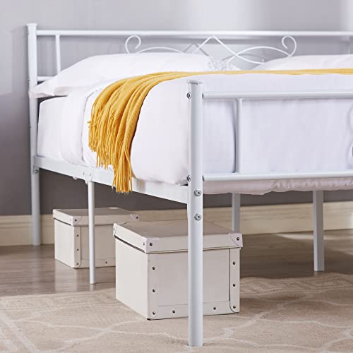 14" Full Size White Metal Platform Bed Frame with Headboard K667