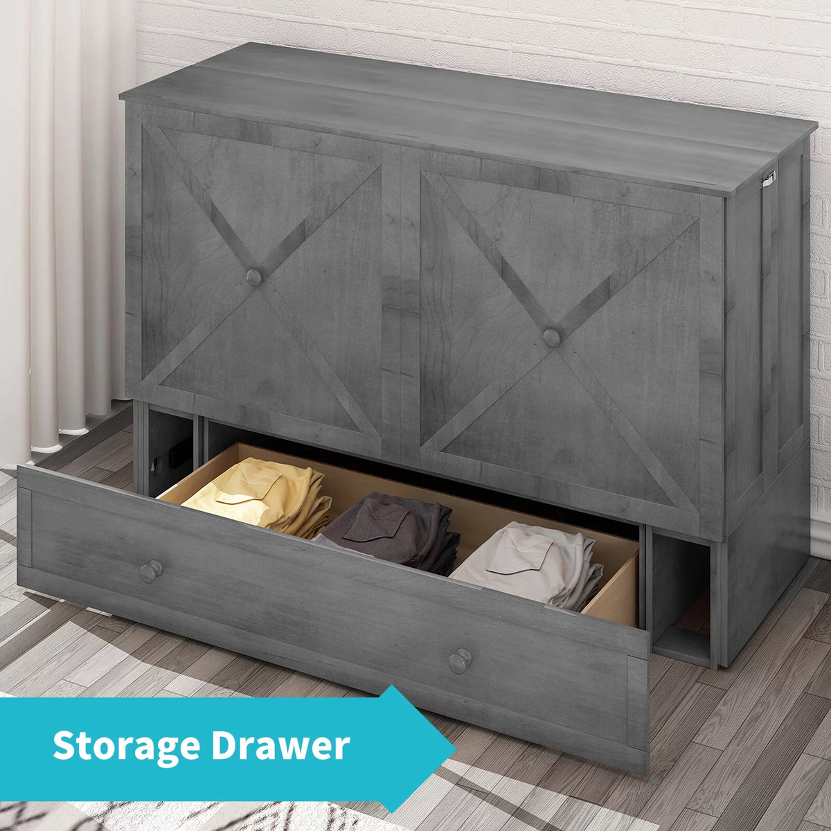 Queen Murphy Bed Chest with Trifold Foam Mattress and Storage Drawers R729