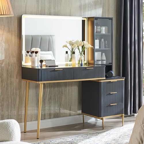 48" Glass Top Vanity Desk with Lighted Mirror and 5 Drawers I7512