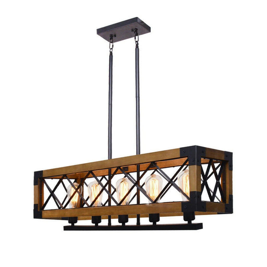 5-Lights Wooden Rectangle Pendant Light Fixture F925380