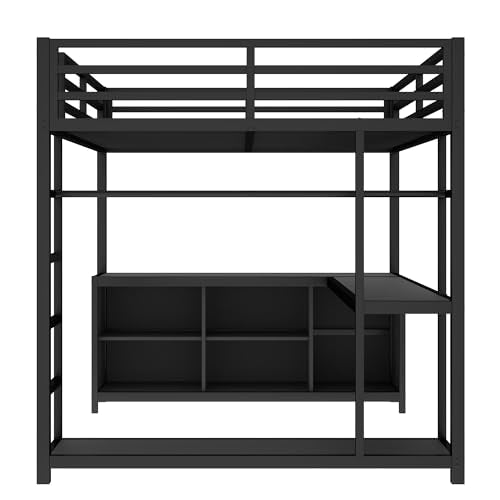 Queen Metal Loft Bed with Wardrobe, Desk and Shelves G928