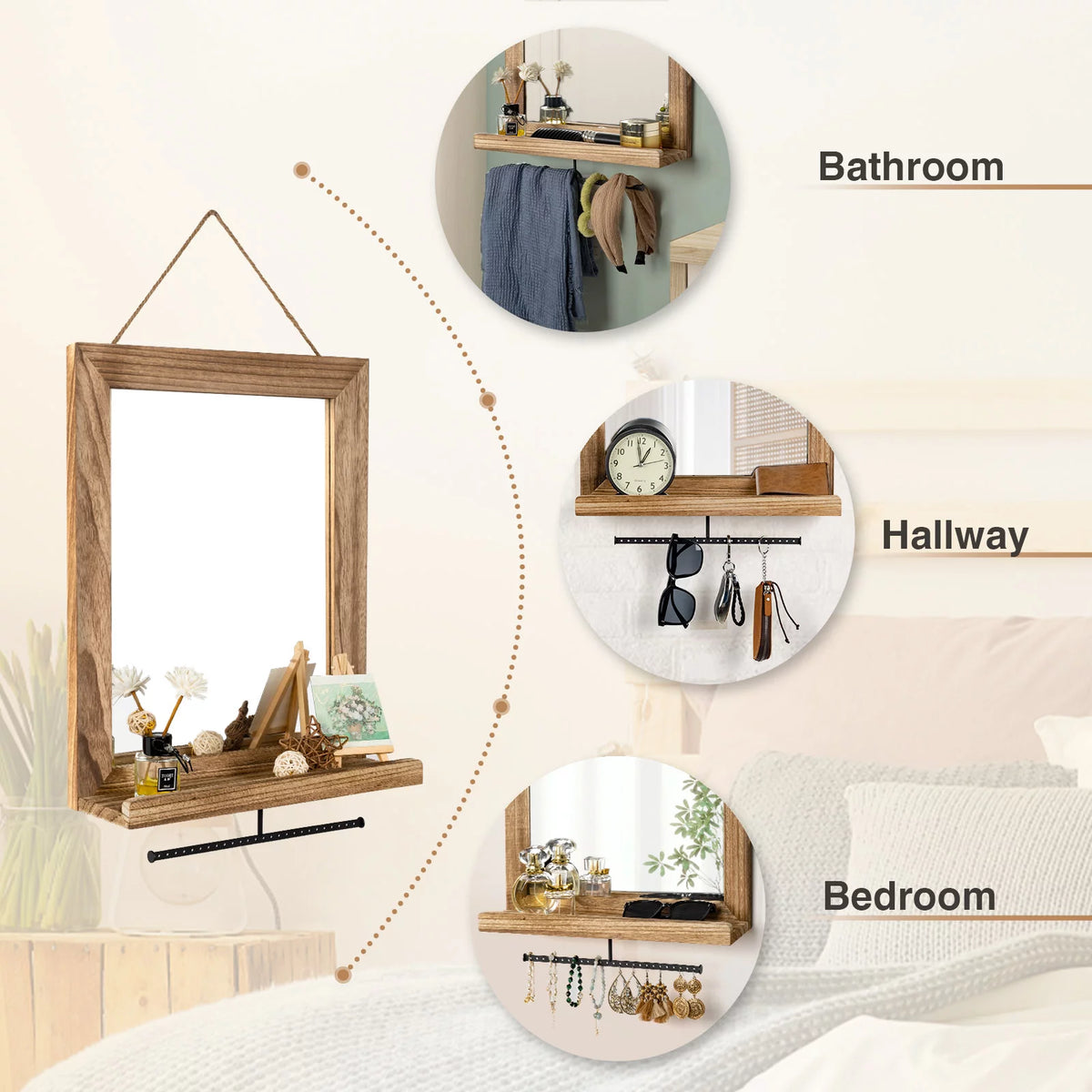 Wall Mirror with Shelf and Metal Hanging Rod, 20 x 16 inch G930522