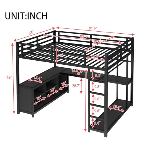 Queen Metal Loft Bed with Wardrobe, Desk and Shelves G928