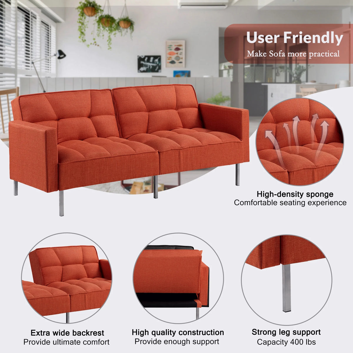 74.8" Linen Convertible Futon Sofa Bed C9803